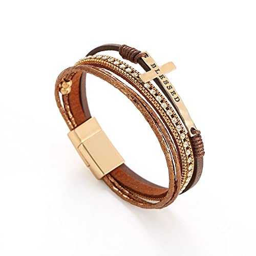 Bohemian Faux Leather Wrap Multi Layer Statement Bracelet Cross Christian Religious Leatherette Cuff Crystal Rhinestone Metallic Bead Inspirational Bracelets2
