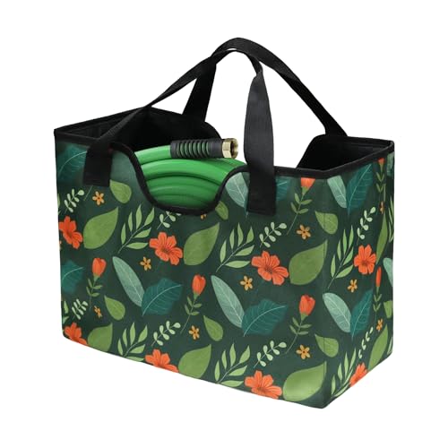 GeerDuo Garden Hose Storage Bag, 50-100FT Portable Expandable Hose Holder for RV, Camping & Car Washing, Waterproof Double-Layer Oxford Cloth Hose Bag for Yard, Camper & Outdoor Use (Green Flower)