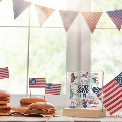 Christian 4th of July Patriotic Decorations for Independence Day, Coquette God Says I Am Inspirational Gifts for Women, Labor Day Farmhouse Decor Acrylic Plaque with Wooden Stand - Image 5