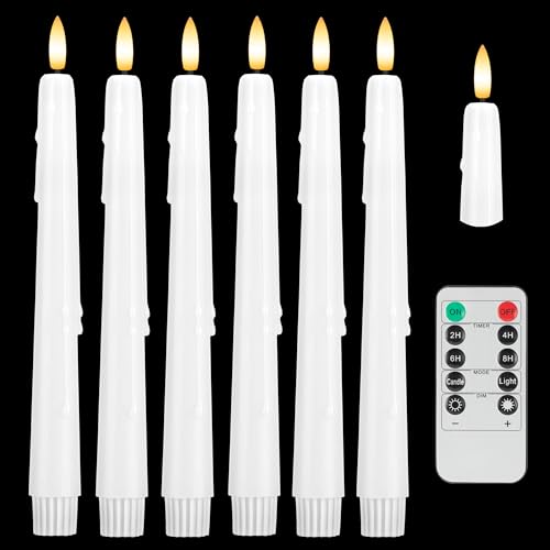 Image of Dripless Flameless Taper Candles 9.6 inch, Battery Operated LED Candles with Remote and Timer, Unique Candlesticks with 3D Flame for Wedding Decor, 6 Pack White