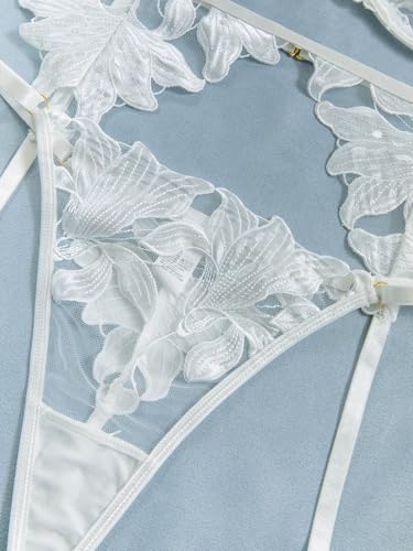 Image of Lilosy Sexy Choker Floral Lace Scallop Sheer Underwire Push Up Garter Belt Lingerie Set 3 Piece