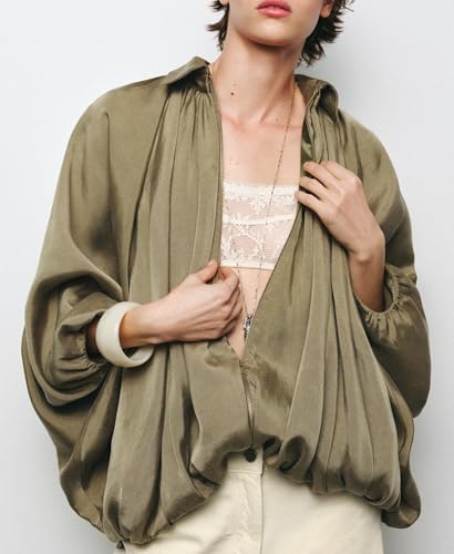 OPCAKM Women's Oversized Bomber Jacket Revers Puffed Lightweight Coat Dolman Sleeve Cropped Zip Up Flowing Top4