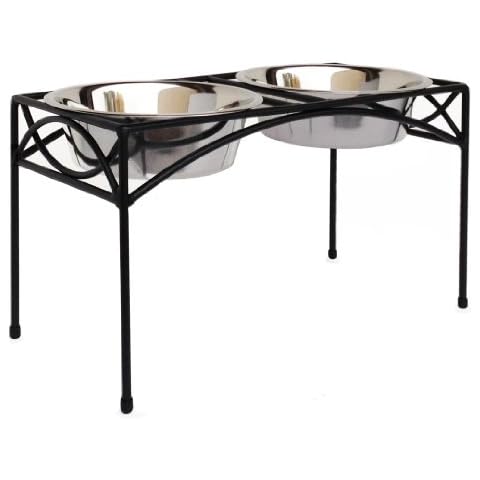 Regal Double Bowl Elevated Diner - 12" Tall - Raised Dog Feeder - Black - Big, Large, XL Dog Breeds - Pet Feeding Station, Food/Water Bowls - Metal/Steel - NMN Designs Cover
