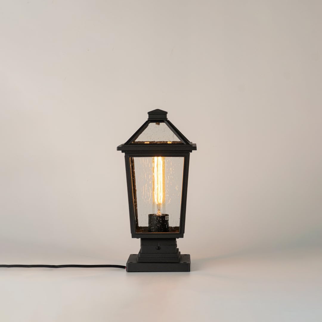 Whispering Homes | Harlyn Black Outdoor Gate Light | Minimalist Pier Mount Lamp with Matte Black Finish & Seeded Glass | Outdoor Lighting for Garden Pathway, Gate Column & Front Yard Entrance-image-17