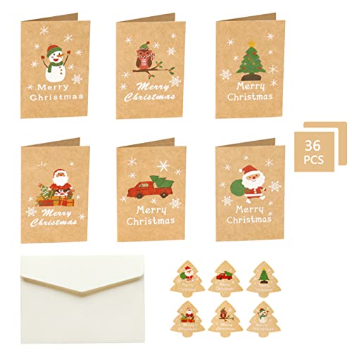 Tarjetas de Navidad, Tarjeta Exquisita para Navidad, 36 Tarjetas de Navidad con 36 Sobres y 36 Pegatinas, Navidad Tarjeta de Felicitación, Mini Tarjetas de Navidad, Tarjetas Navideñas con Sobre.