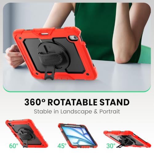 Image of SEYMAC Case for iPad Air 11 Inch M4 /M3 /M2 (2026 /2025 /2024), Red | Heavy Duty Shockproof Protective, Built-in Screen Protector, 360 Rotating Stand, Hand /Shoulder Strap, Pencil Holder