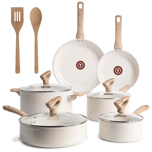 T-Fal Revive Ceramic Nonstick Cookware Set, Oven Safe Up to 350ºF, 12-Piece, Includes Stockpot, Saucepan, Skillet, Frying Pans, Utensils, Ceramic Pots and Pans Set, Beige Granite