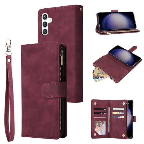 Coque Samsung A56 5G QLTYPRI étui portefeuille en cuir PU vin rouge