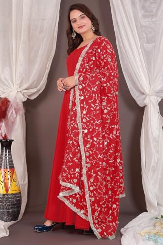 Image of ROYALICA Women's Georgette Gown Set with Solid Pattern Floor Length Round Neck Fit & Flare Full Sleeves Gown Pant and Embroidery Work Dupatta | Anarkali Gown Set for Women