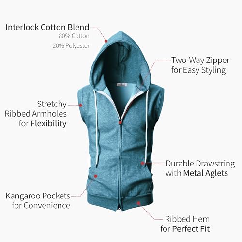 Image of Ohoo Mens Slim Fit Sleeveless Lightweight Zip Up Hooded Sweatshirt Vest Hoodie