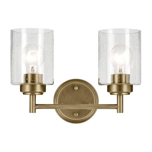 Image of Kichler Winslow 13 inch 2-Light Bathroom Vanity Light Fixture with Clear Seeded Glass in Natural Brass for Luxe Industrial Style Over Mirror (13 inch x 9.25 inch x 6.5 inch), 45885NBR