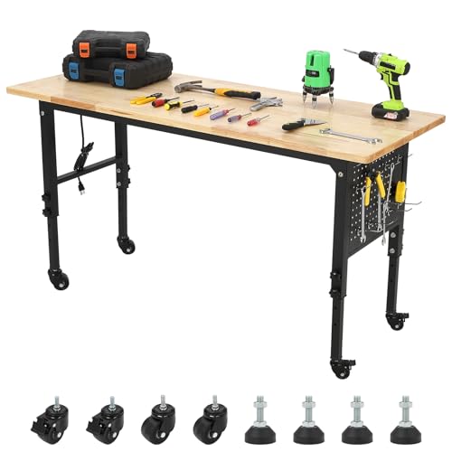 Rolling Garage Work Table,Adjustable Height Workbench Heavy Duty,24" D x 48" W Wood Work Bench with Pegboard, Power Strip and Hooks,