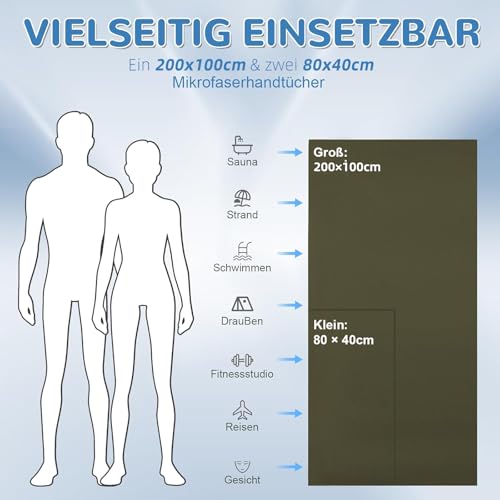 Mikrofaser Handtuch 3er Set - Groß 200*100cm & 2 Klein 80×40cm, Schnelltrocknend Microfaser Sporthandtuch, für Reisehandtuch, Badetuch, Fitness & Sport Handtücher und Strandtuch (Armeegrün)