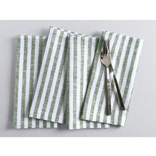 Image of Solino Home 100% Linen Napkins, 20 x 20 in, Green, Amalfi Stripe, Set of 4 | soft napkins for daily meals and celebrations, woven stripe, European flax fibres, machine washable, fine, OEKO-TEX Certified