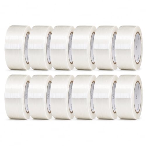 Image of GGR Supplies FIL-795 Fiberglass Reinforced Filament Strapping Tape - Heavy Duty Packing & Shipping Tape, Mono Directional, 2 in x 60 yds. Pack of 12 (5.5 Mil)