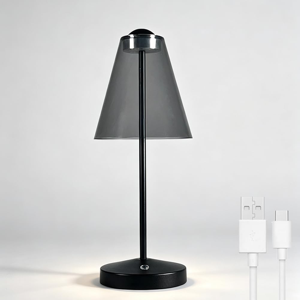 Akku Tischlampe Kabellose 3000K Dimmbar Tischleuchte USB Aufladbar LED Touch Schalter Nachttischlampe Batteriebetrieben Warmes Licht 2 Helligkeitsstufen Metalllampe Schwarz für Esszimmer Terrasse