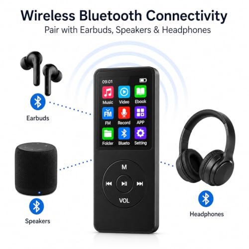 Image of Xzor Bluetooth MP3 Player with 1.8 inch Display - Built-in Speaker, FM Radio, eBook | Voice Recorder | Wired Earphones Included | 7 EQ Modes | 48-Hr Battery | Expandable Up to 128GB | Matte Black