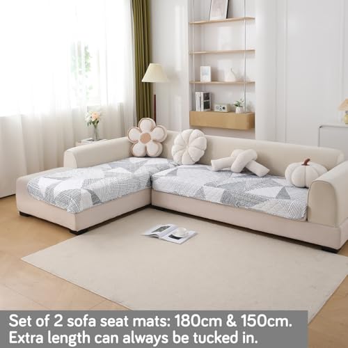 Image of HOKIPO 'Elira Series' Polyester Blend Printed Water Repellent + Waterproof Quick Dry L Shape (3+2 Seater) Sofa Seat Cover Mat, Snow White Black Geometry (AR-5249-C9 + AR-5246-C9)