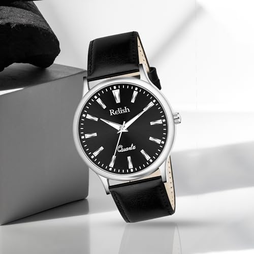 Image of Relish Watch for Men & Boys with Grey & Black PU Leather Strap, Quartz Analog Wrist Watch