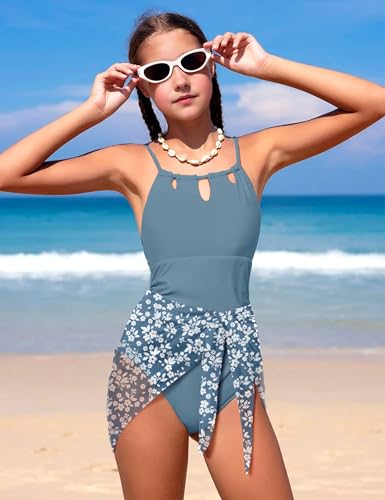 Image of KANGKANG Girls Swimsuit Quick Dry Cut Out One Piece Swimsuits with Tropical Print Cover Up Skirt Bathing Suit Swimwear 7-18Y