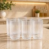 Kit 6 Jogo Copos de Vidro Canelado 420ml Transparente Luxo - Mesa Posta Elegante - para Água Suco Drinks Refrigerantes Restaurante Bares e uso diário – Vidro Grosso e Resistente Premium