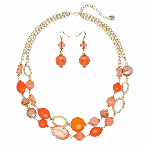 Coiris Women's Beaded 2 Layer Strand Statement Necklace with Earrings Collar Jewelry Set (N0003-Orange)