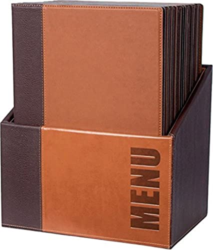 SECURIT - 20 Speisekarten Trendy Line + Sammelbox - 1 fester, doppelseitiger Einleger = 4 DIN A4-Seiten - Möglichkeit zum Hinzufügen Einleger - Für Bars, Restaurants - PU-Kunstleder - Braun