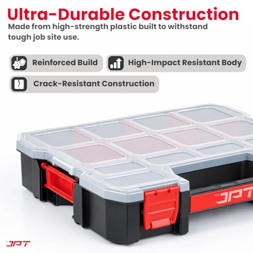 Image of JPT Medium Ultra Heavy Duty Tool Organiser Box | Plastic Storage Case with Transparent Lid, 14 Compartments & 8 Removable Dividers, Locking Latch | Stackable Hardware & Parts Organizer