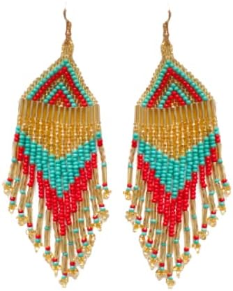 Handmade Artisan Dangle Fringe Earrings, Long Seed Bead Turquoise, Red & Sparkly Gold Statement Earrings for Women