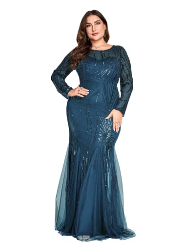 Image of Plus Size Long Sleeve Sequin Evening Dress Glitter Mermaid Long Gown for Mother of The Bride Or Wedding Guest