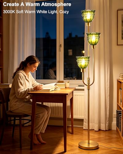 Image of Lightdot 66IN 3-Lights Modern Glass Floor Lamp Gold Dimmable Floor Lamps with 3000K Warm White Bulbs for Wedding Party Tall Standing Lamp with Green Glass Shade for Living Room /Bedroom /Home Decor