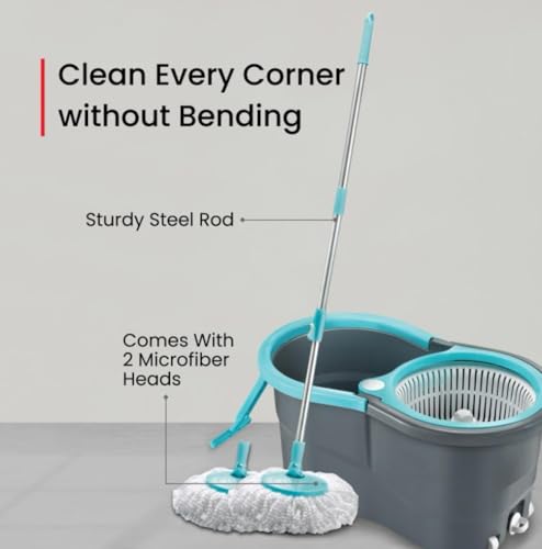 Image of Twin Bucket Spin Mop with Wheels and Puller Handle | 360 Adjustable Steel Handle | 2 High Absorbency Microfiber Refills | Pocha for Floor Cleaning - Home, Kitchen, Bathroom & Office (Grey)