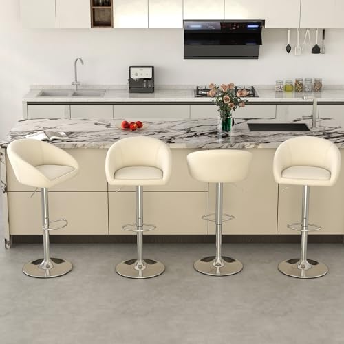 Fashionom Bar Stools Set of 4, Modern Velvet Swivel Barstools Adjustable Counter Height Island Chair with Silver Metal Base Footrest for Home Kitchen Pub, Beige