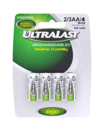 ULTRALAST ULN423AASL 2/3AA Rechargeable Battery - NICAD 1.25V 400mAh, Compact Power Source for Outdoor Light Fixtures, Garden Lamps, Backyard Lighting - Leakproof, Recharge Up to 1000 Times, 4-Pack