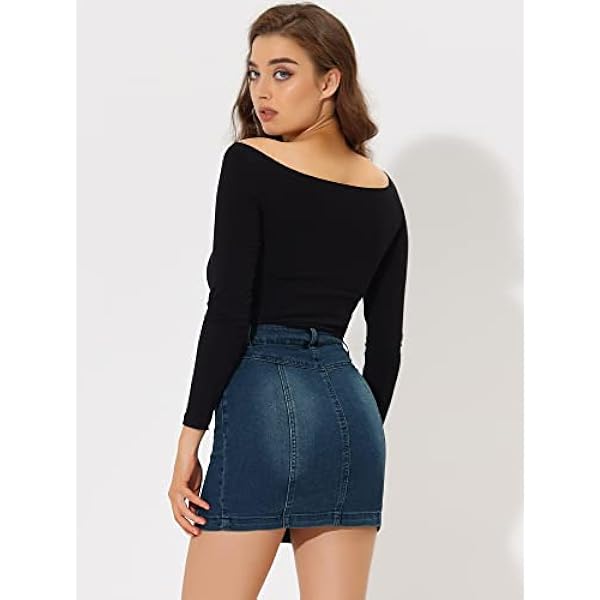 Allegra K Minigonna da donna con zip frontale in denim elasticizzato lavato slim fit a vita alta Jean