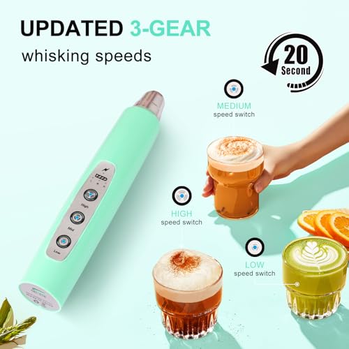 Image of YUSWKO Baby Blue Handheld Milk Frother Wand for Coffee, Rechargeable Electric Whisk with 3 Heads 3 Speeds Drink Mixer Coffee Frother For Latte, Cappuccino, Hot Chocolate, Egg