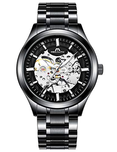 Preisvergleich Produktbild MEGALITH Herren Uhr Automatik Männer Mechanische Automatikuhr Skelett Designer Militär Wasserdicht Schwarz Edelstahl Armbanduhren Mann Leuchtende Steampunk Hand Wind Analoge Klassisch Uhren