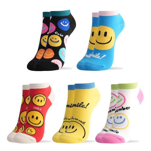 kikiya socks Women Cute Ankle | 5 Pairs Fun Smiley Face Graphic Printed Novelty Funny Pattern Low Cut Designed Yellow Red Black Colored Daily Cotton Socks | Womens Ladies Girls Gift | Smile Ankle A