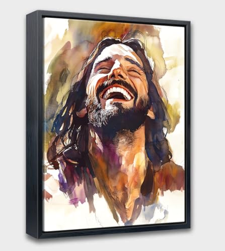 Aubeeba Jesus Wall Art Framed Laughing Jesus Poster Vintage Watercolor Canvas Pictures for Bedroom Christian Religious Wall Decor 12x16 inches