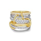 TLY Gold Silver Stackable Rings for Women Mixed Metal Interlocked Statement Ring Stack 14K Gold Plated Cubic Zirconia Fashion Two Tone Connected Bands Size 4-11 Valentines Day Jewelry gifts