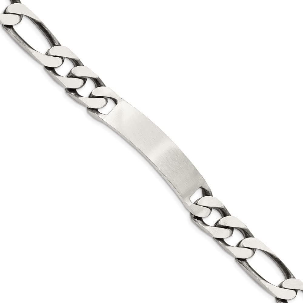 Engravable Personalized Custom 925 Sterling Silver Antiqued Figaro Link ID Bracelet For Men or Women Length 8.5 inches Width 10 mm With Lobster Claw Clasp