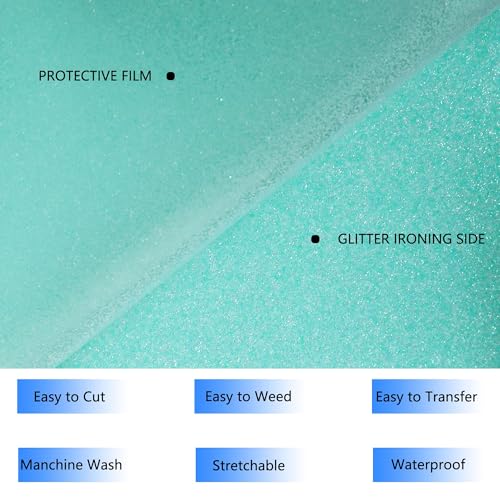 Image of HTVVETUR Glitter Cyan Heat Transfer Vinyl, Glow in The Dark HTV Vinyl Roll 12 inch x 9ft, Easy to Cut & Weed for Heat Press DIY Craft