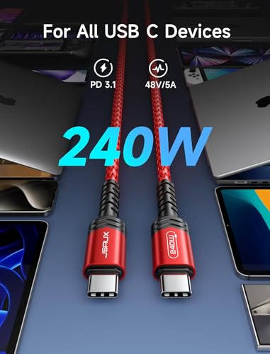 Image of JSAUX 240W USB C to USB C Cable 6.6FT&10FT, Type C Fast Charging Cord, Red
