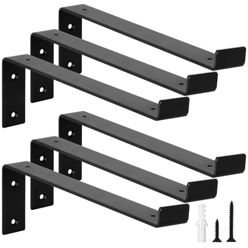 scicent 6 Pack Shelf Brackets Heavy Duty with Lips, 50KG Capacity, 5mm Thick Wall Brackets for Shelves (Black 12 Inch)