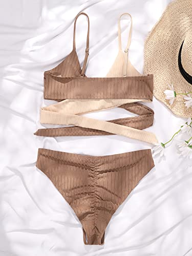 Shein Women's Swimsuits Cross Wrap Tie Back Bikini Top Color Block Bathing Suits Apricot And Brown Small #TOP14