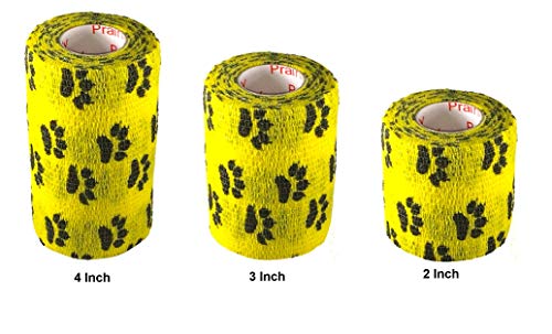 Image of Vet Wrap Wrap Tape (Yellow with Paw Prints) (2 Pack) (4 Inch x 15 feet) Self Adhesive Adherent Adhering Cohesive Flex Self Stick Bandage Grip Roll Dog Cat Pet Horse