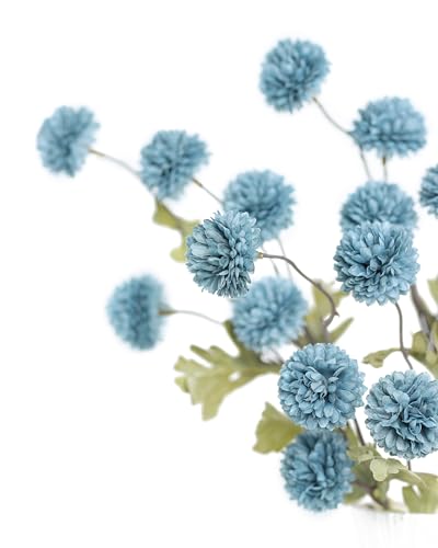 DuHouse 6pcs Artificial Flowers Faux Silk Pompon Mum,Silk Small Mini Chrysanthemum Ball with Stems for DIY Bouquets Centerpieces Vase Home Table Kitchen Decorations(Dusty Blue) — view 4