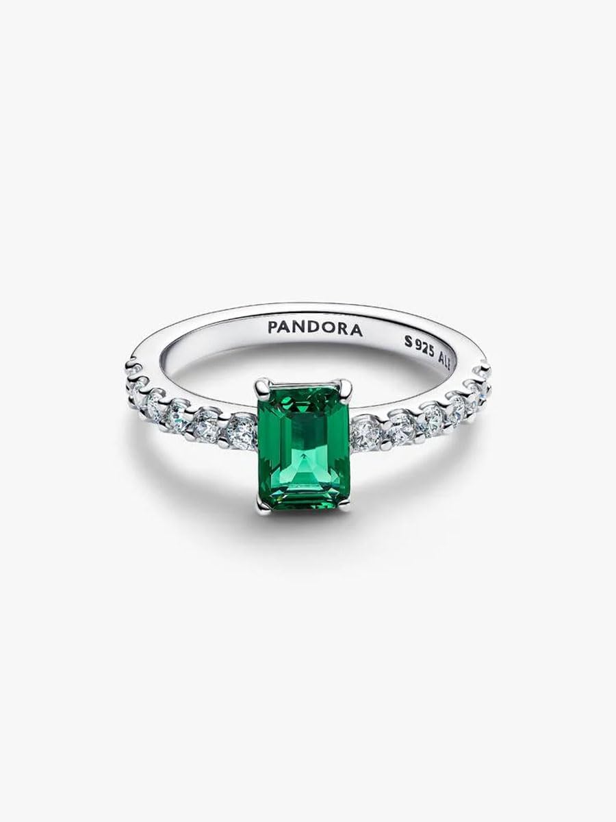 PANDORA Anillo rectangular para mujer de plata con santos verdes brillantes