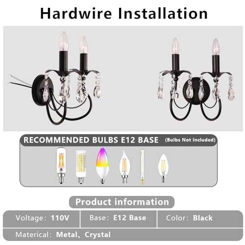 Image of 2-Light Vintage Crystal Wall Sconce, Antique Wall Lights with Black Finish for Bedroom Bedside Living Room, Victorian Candle-Style