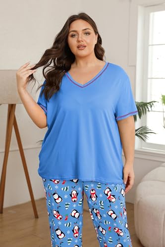 Image of Vozanet Women's Plus Size Pajama Sets Short Sleeve Long Pants Solid Color with Piping Trim Elegant Loungewear Cozy Sleepwear